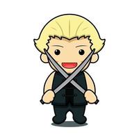 Cute boy martial art mascot character holding two sword vector cartoon icon illustration