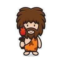 cute ancient man character holding torch of fire vector