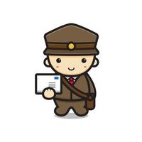 Cute postman mascot character holding letter vector cartoon icon illustration