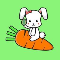 Cute rabbit character flying with carrot and holding egg cartoon vector icon illustration