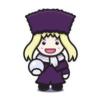 Cute girl with winter costume mascot character holding snowball vector cartoon icon illustration