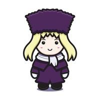 Cute girl with winter costume mascot character with happy face vector cartoon icon illustration