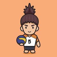 Carácter lindo del jugador de voleibol que sostiene el ejemplo del icono del vector de la historieta de la bola