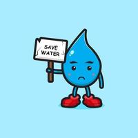 Cute water character holding board save water cartoon vector icon illustration