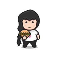 cute fat girl character with log hair holding burger vector