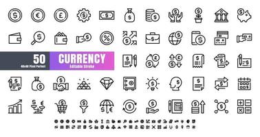 Vector de conjunto de iconos de contorno de línea financiera de 50 monedas. Trazo editable perfecto de 48x48 píxeles.