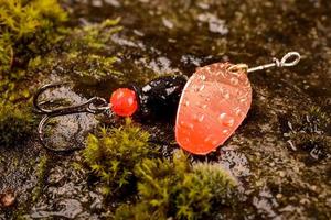 Fishing spoon lure on wet stone with moss photo