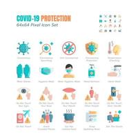 Simple Set of Covid-19 Protection Flat Icons. Icons as Guidance Protective Measures, Coronavirus Prevention, Hygienic Healthcare, Solution, Awareness, Hands Wash, Wear Face Mask etc. 64x64 Pixel vector