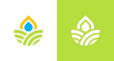 natural and organic farming land logo with water drop and sun element, simple environmental logo vector
