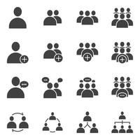conjunto simple de personas de negocios relacionados con iconos sólidos de glifos planos vectoriales. contiene reuniones, comunicación empresarial, trabajo en equipo, conexión, habla y más