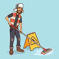 cleaning boy cleaning floor with the mop smiling cartoon character illustration vector