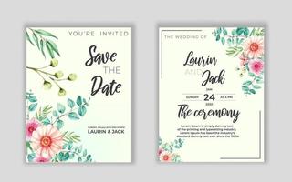 tarjeta de invitación de boda floral dorada guardar el diseño de fecha con flores rosadas vector