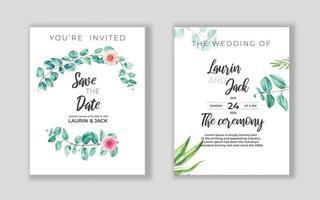 tarjeta de invitación de boda floral dorada guardar el diseño de fecha con flores rosadas vector