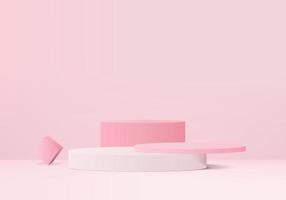 3d display product abstract minimal scene with geometric podium platform. cylinder background vector 3d rendering with podium. stand for cosmetic products. Stage showcase on pedestal 3d pink studio