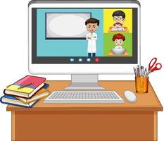 Estudiante de video chat en línea en la pantalla de la computadora sobre fondo blanco. vector