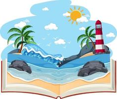 libro abierto con escena de playa en blanco vector