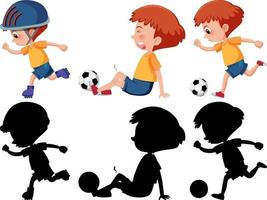 Set of a boy cartoon character doing different activities with its silhouette vector