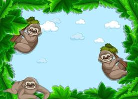 Empty tropical leaves frame banner with sloth cartoon character vector