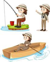 Cartoon character of a girl in camping outfits doing different activities set vector