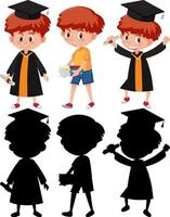 Set of a boy wearing graduation gown in different positions with its silhouette