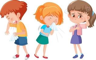 Set of different kids cartoon character have flu symptom vector