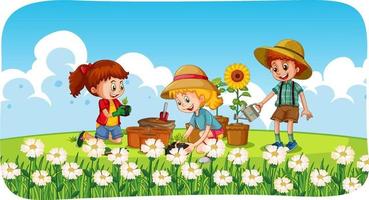 niños plantando flores en el jardín. vector