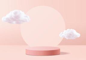 Valentine background vector 3d pink rendering with podium and cloud white scene