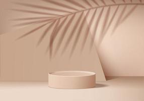 Cylinder abstract minimal scene with leaf geometric platform. Summer background vector 3d render podium. stand to show cosmetic products. Stage Showcase on pedestal modern 3d studio brown cream pastel