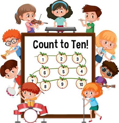 Count to ten number board with many kids cartoon character