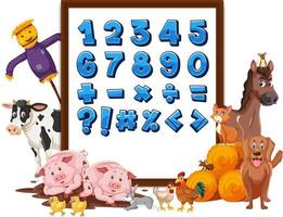 Número 0-9 y símbolos matemáticos a bordo con animales de granja. vector