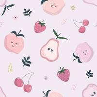 Cartoon seamless pattern in pastel pink. Summer fruit background. Girly. Vector