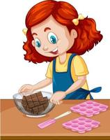 Chef girl with baking equipment on the table vector