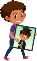 Cartoon character of a boy holding his graduation portrait photo vector