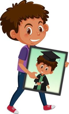 Cartoon character of a boy holding his graduation portrait photo