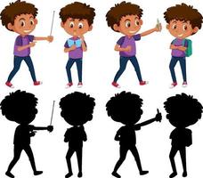 conjunto de un personaje de dibujos animados de niño en diferentes posiciones con su silueta vector