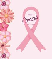 pink ribbon with flowers for breast cancer awareness vector design