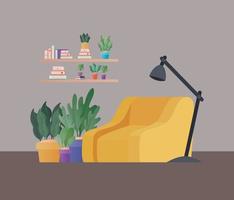 yellow armchair with plants and lamp in living room vector design