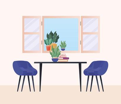 table with chairs in front of window vector design
