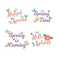 colección de insignias y etiquetas de feliz primavera. Hola primavera. tarjeta de felicitación. dibujado a mano. ilustración vectorial. diseño plano. vector