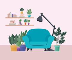 Sillón azul con plantas en diseño vectorial de sala de estar vector