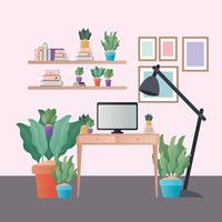 desk with computer lamp and plants in room vector design