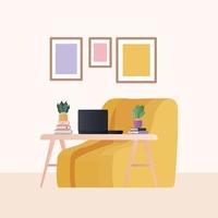 yellow armchair with laptop plants and frames in living room vector design