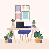 Escritorio con silla azul portátil y plantas en diseño vectorial de habitación vector