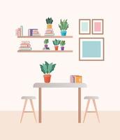 table with chairs in front of shelves vector design