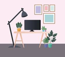 Escritorio con lámpara de computadora y plantas en diseño vectorial de habitación vector