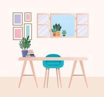 Escritorio con silla azul y plantas en diseño vectorial de habitación vector