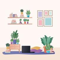 laptop with cusihions and plants in living room vector design