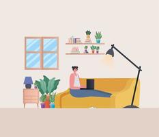 Woman with laptop working on yellow couch vector design