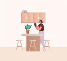 Woman with tablet working at the kitchen vector design