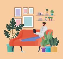 Man with tablet working on the orange couch vector design